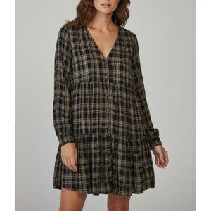 Urban Outfitters Black & Beige Plaid Long Sleeve Tiered Button Down Dress Size M